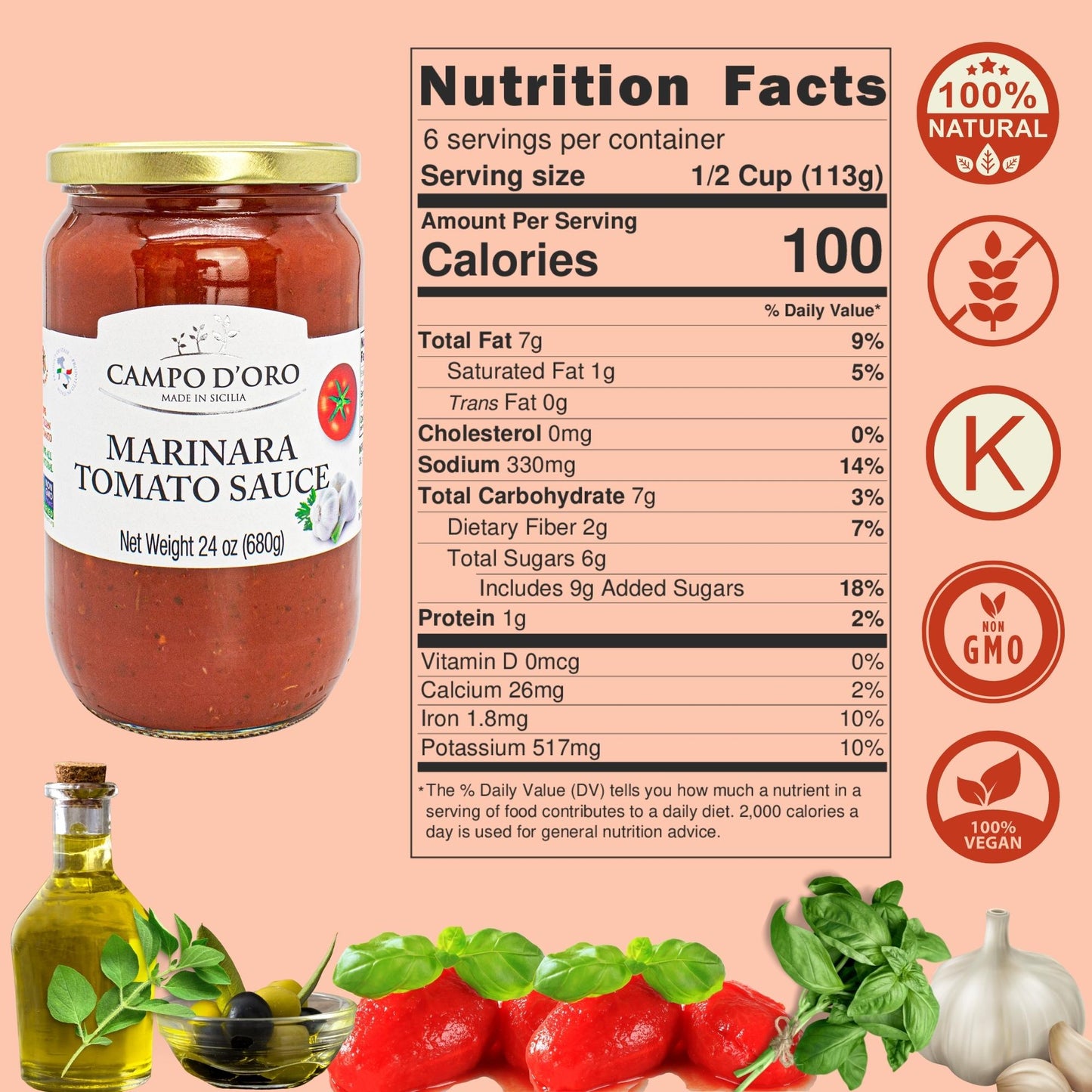 Campo D’Oro marinara tomato sauce made with Italian tomatoes, garlic, basil, parsley, oregano and extra virgin olive oil, authentic Italian pasta sauce in glass jar 24oz