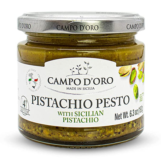 Campo D’Oro Pistachio Pesto Sauce with Sicilian pistachios, authentic Italian pesto in glass jar 6.35oz (180g), creamy pasta sauce from Sicily