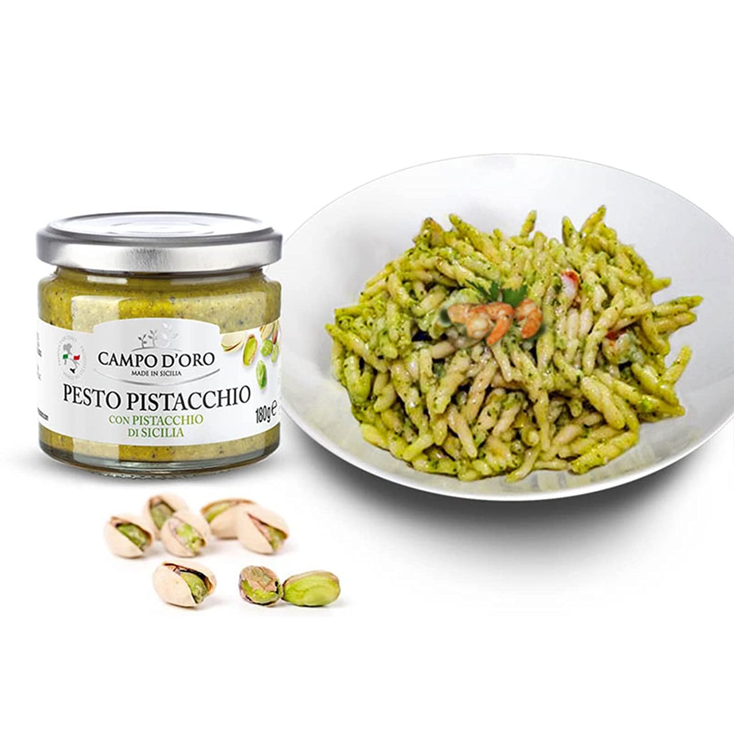 Campo D’Oro Pistachio Pesto Sauce with Sicilian pistachios, authentic Italian pesto in glass jar 6.35oz (180g), creamy pasta sauce from Sicily