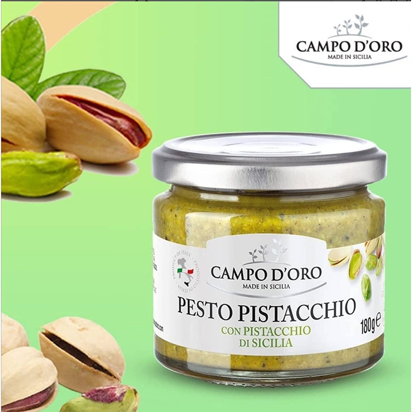 Campo D’Oro Pistachio Pesto Sauce with Sicilian pistachios, authentic Italian pesto in glass jar 6.35oz (180g), creamy pasta sauce from Sicily