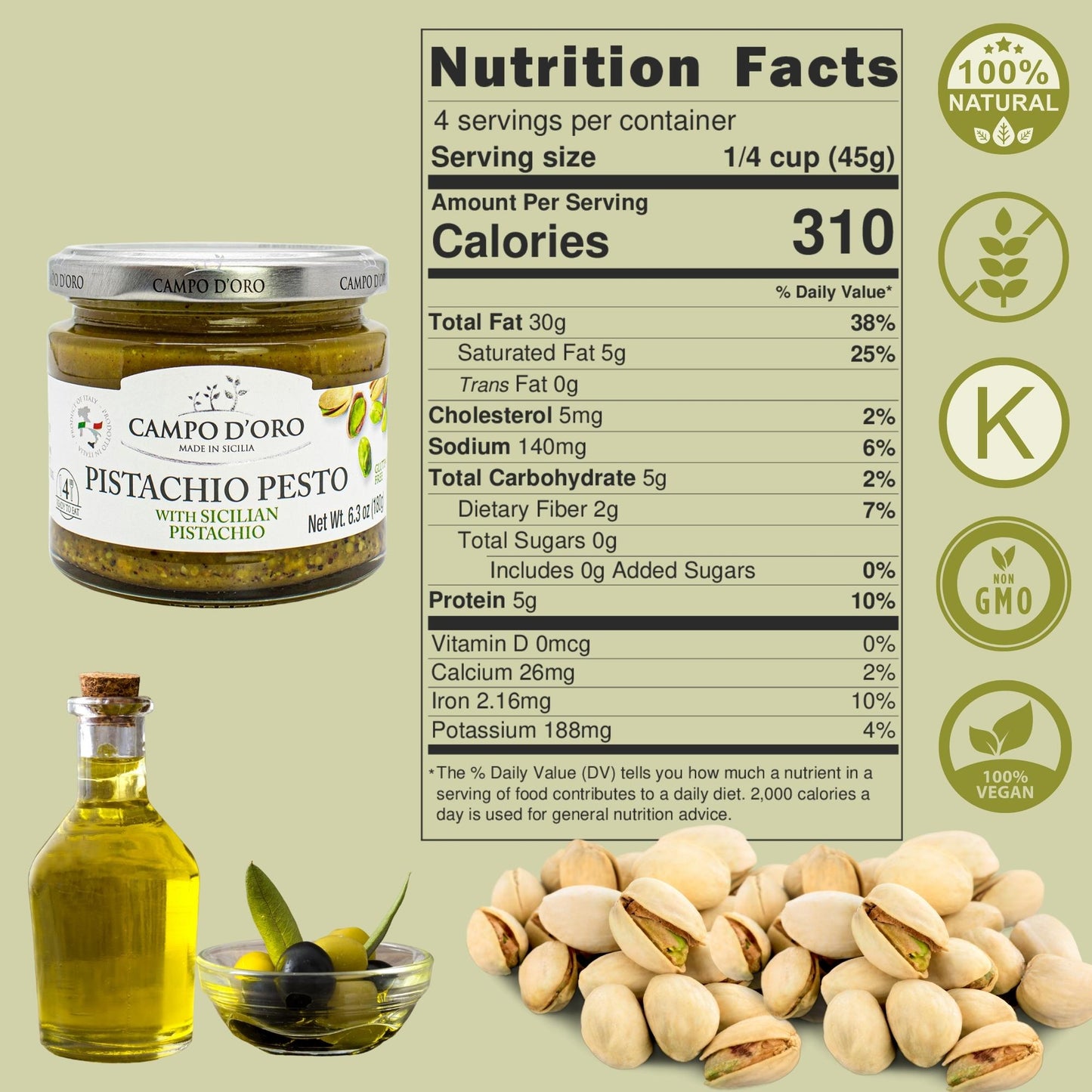 Campo D’Oro Pistachio Pesto Sauce with Sicilian pistachios, authentic Italian pesto in glass jar 6.35oz (180g), creamy pasta sauce from Sicily