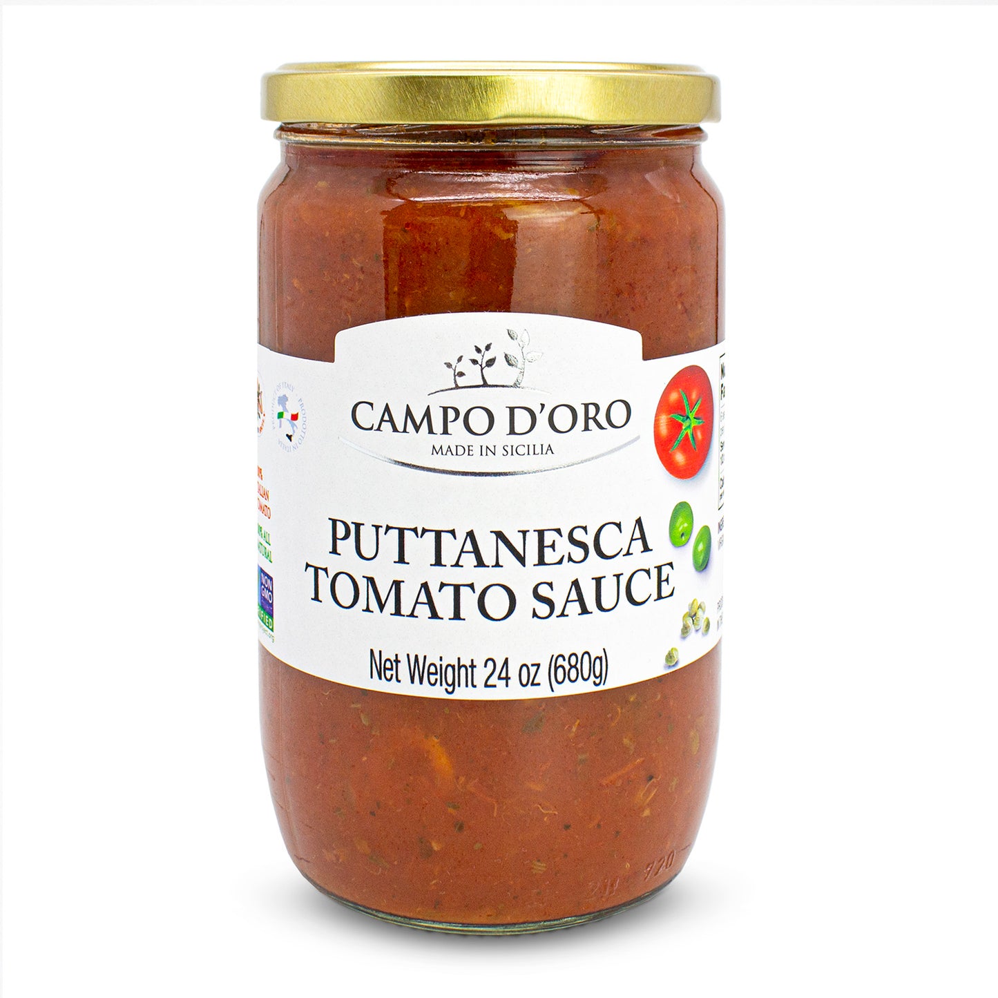 Campo D’Oro puttanesca tomato sauce with olives and capers, authentic Italian pasta sauce made with tomatoes, basil, parsley, and extra virgin olive oil, glass jar 24oz