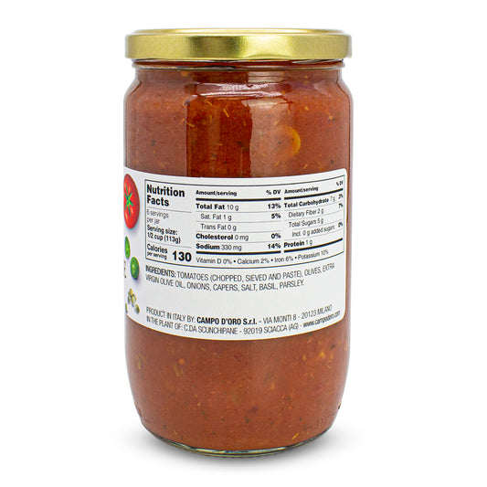 Campo D’Oro puttanesca tomato sauce with olives and capers, authentic Italian pasta sauce made with tomatoes, basil, parsley, and extra virgin olive oil, glass jar 24oz