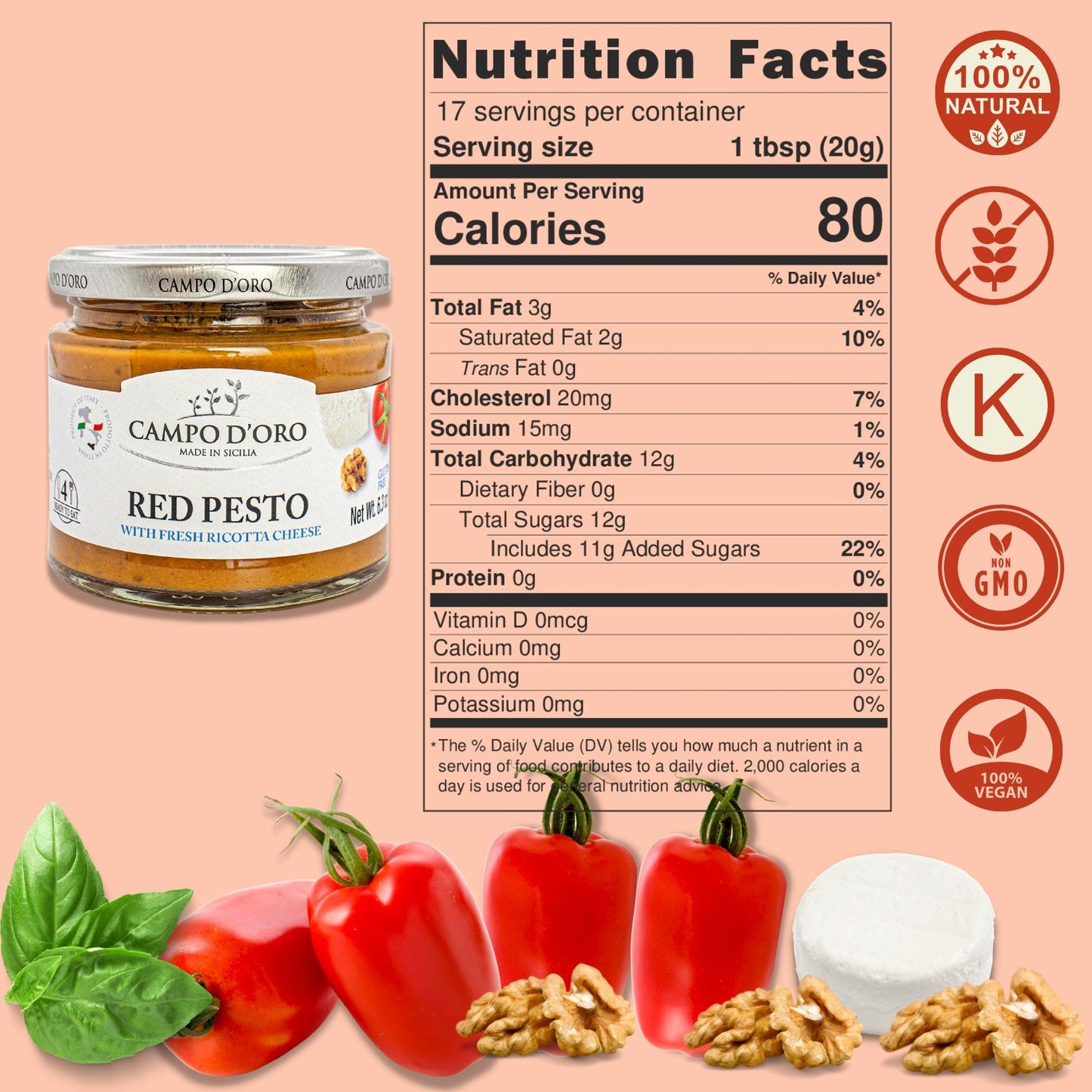Campo D’Oro Italian red pesto sauce with sundried tomatoes and fresh ricotta cheese, authentic Sicilian pasta sauce in glass jar 6.35oz (180g), made in Italy