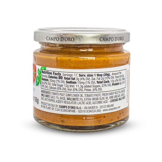 Campo D’Oro Italian red pesto sauce with sundried tomatoes and fresh ricotta cheese, authentic Sicilian pasta sauce in glass jar 6.35oz (180g), made in Italy