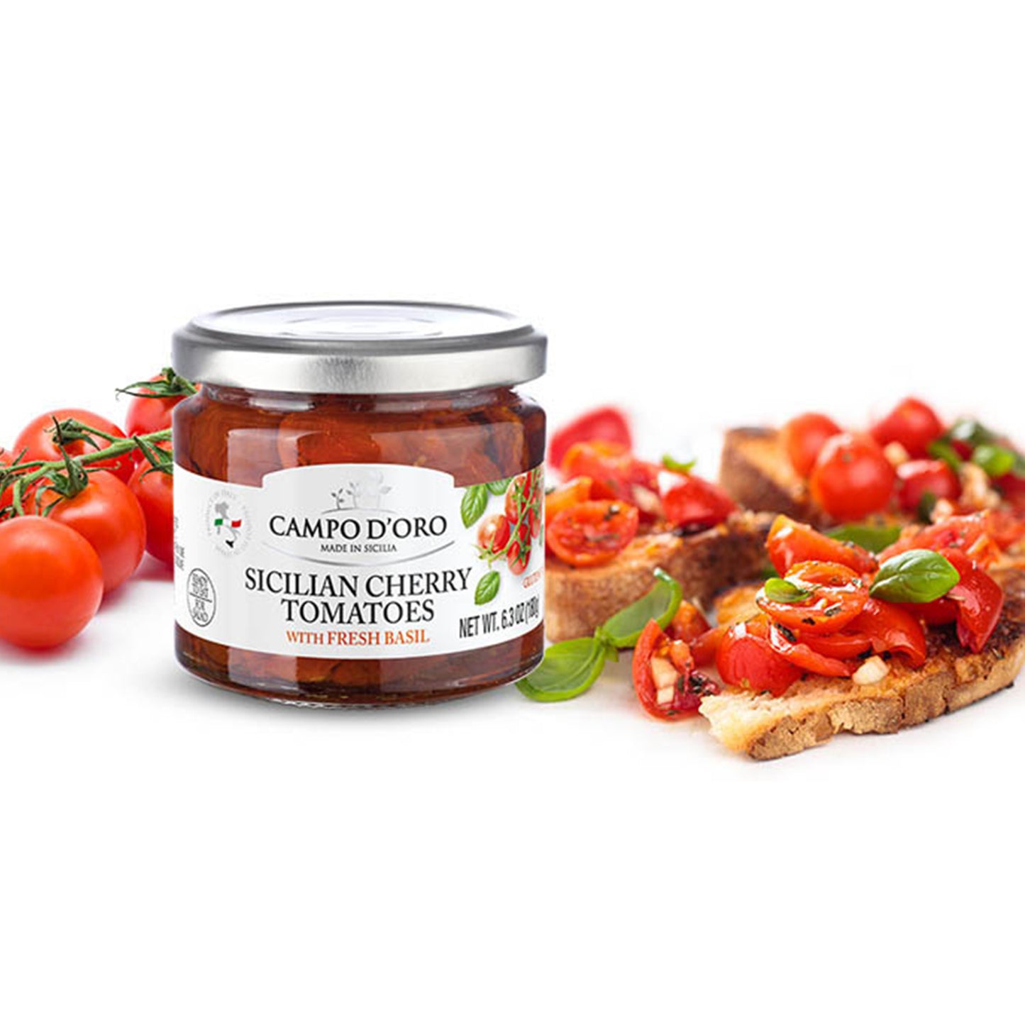 Campo D’Oro sundried cherry tomatoes in oil with fresh basil, authentic Italian antipasto in glass jar 6.35oz (180g), perfect for pasta, pizza, salads, and bruschetta