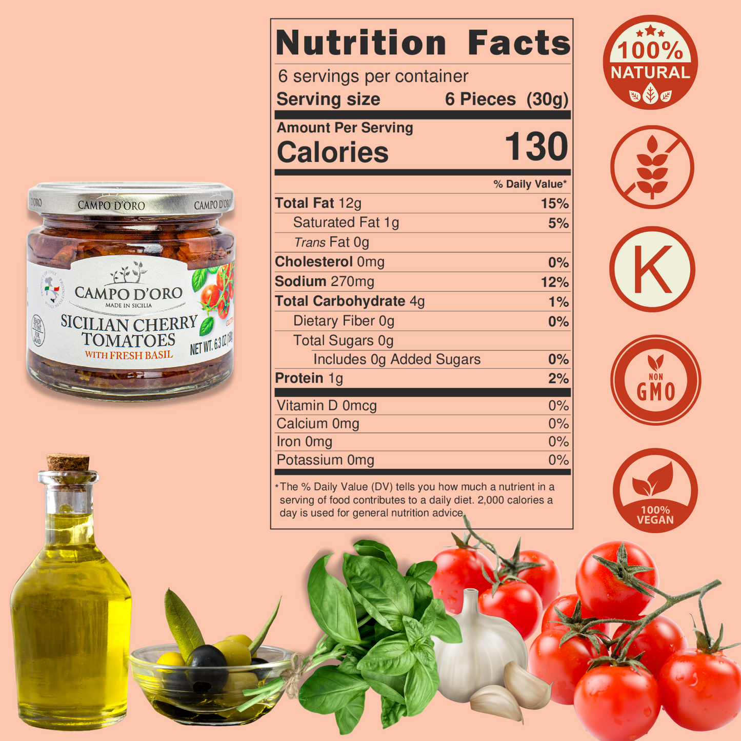 Campo D’Oro sundried cherry tomatoes in oil with fresh basil, authentic Italian antipasto in glass jar 6.35oz (180g), perfect for pasta, pizza, salads, and bruschetta