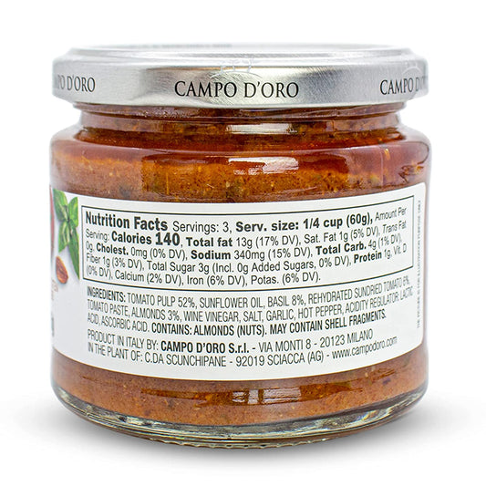 Campo D’Oro Trapanese pesto sauce with Avola almonds, tomato and basil, authentic Sicilian pasta sauce in glass jar 6.35oz (180g), made in Italy