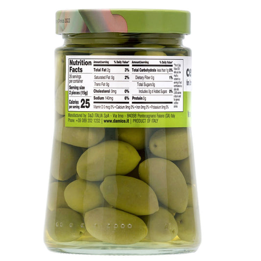 Back view of Fratelli D’Amico Green Cerignola Olives in brine, showing nutrition facts label and large Sicilian olives inside glass jar, net weight 25.7 oz (730 g), product of Italy