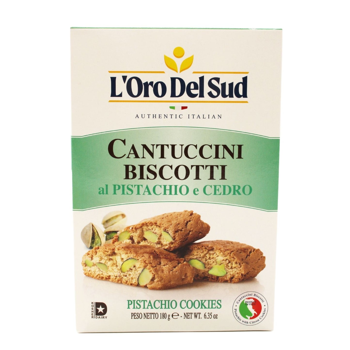 Packaging of L'Oro Del Sud Cantuccini Biscotti with Pistachio, displaying the product and its name.