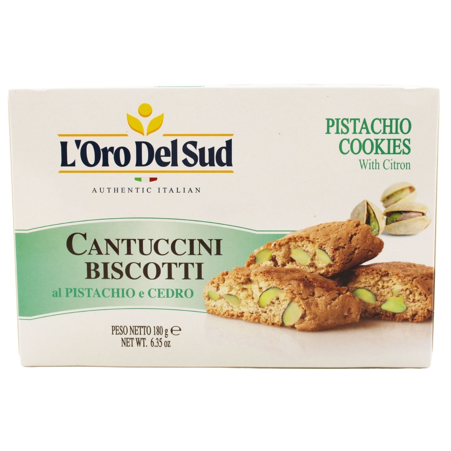 A box of L’Oro Del Sud Cantuccini Biscotti with pistachio and citron, featuring golden Italian cookies with visible pistachio pieces, labeled as authentic Italian pistachio cookies, 6.35 oz.