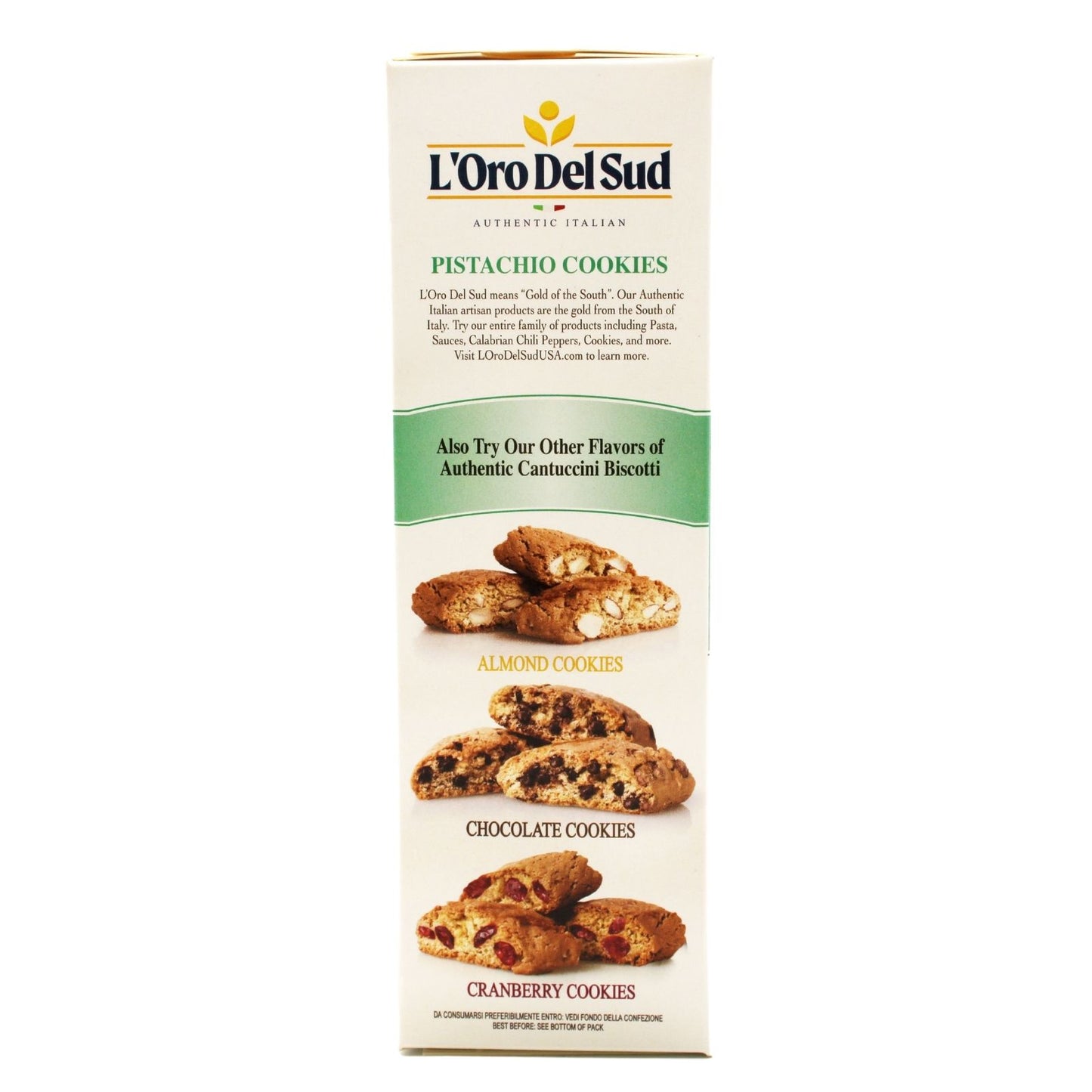 L’Oro Del Sud Cantuccini Biscotti with pistachio and citron, featuring golden Italian cookies with visible pistachio pieces, labeled as authentic Italian pistachio cookies, 6.35 oz.