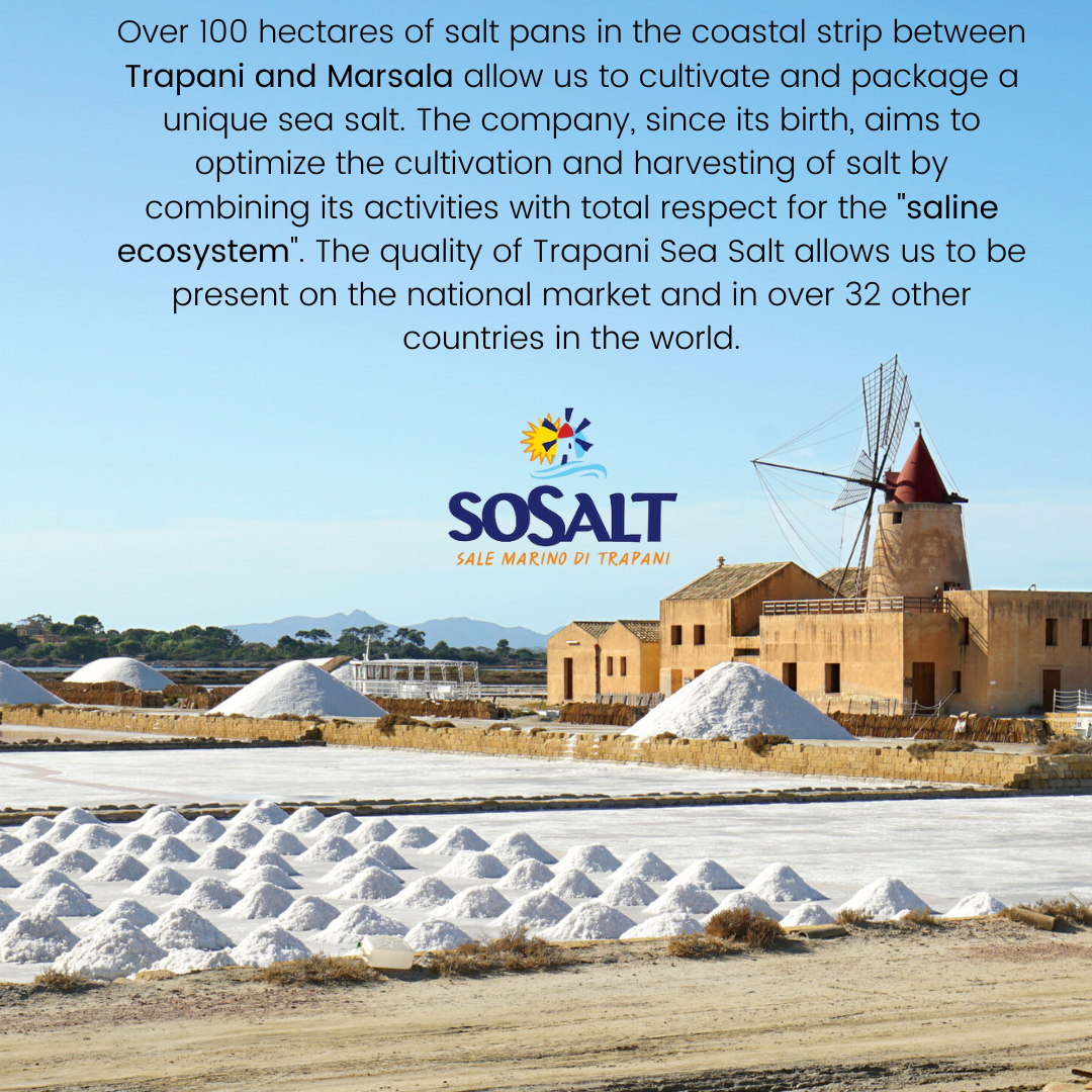 Over 100 hectares of salt pans in the coastal strip between Trapani and Marsala allow us to cultivate and package a unique sea salt. The company, since its birth, aims to optimize the cultivation and harvesting of salt by combining its activities with total respect for the "saline ecosystem". The quality of Trapani Sea Salt allows us to be present on the national market and in over 32 other countries in the world.