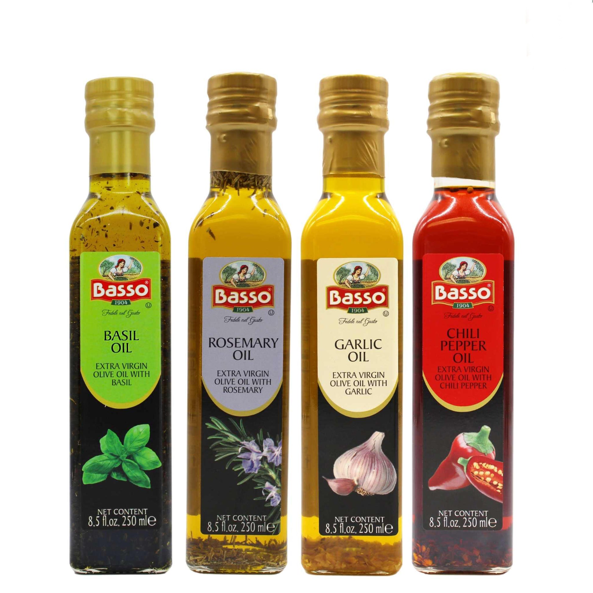 Basso Flavored Olive Oils – Basil, Rosemary, Garlic, and Chili Pepper, 250ml bottles of extra virgin olive oil infused with natural flavors.