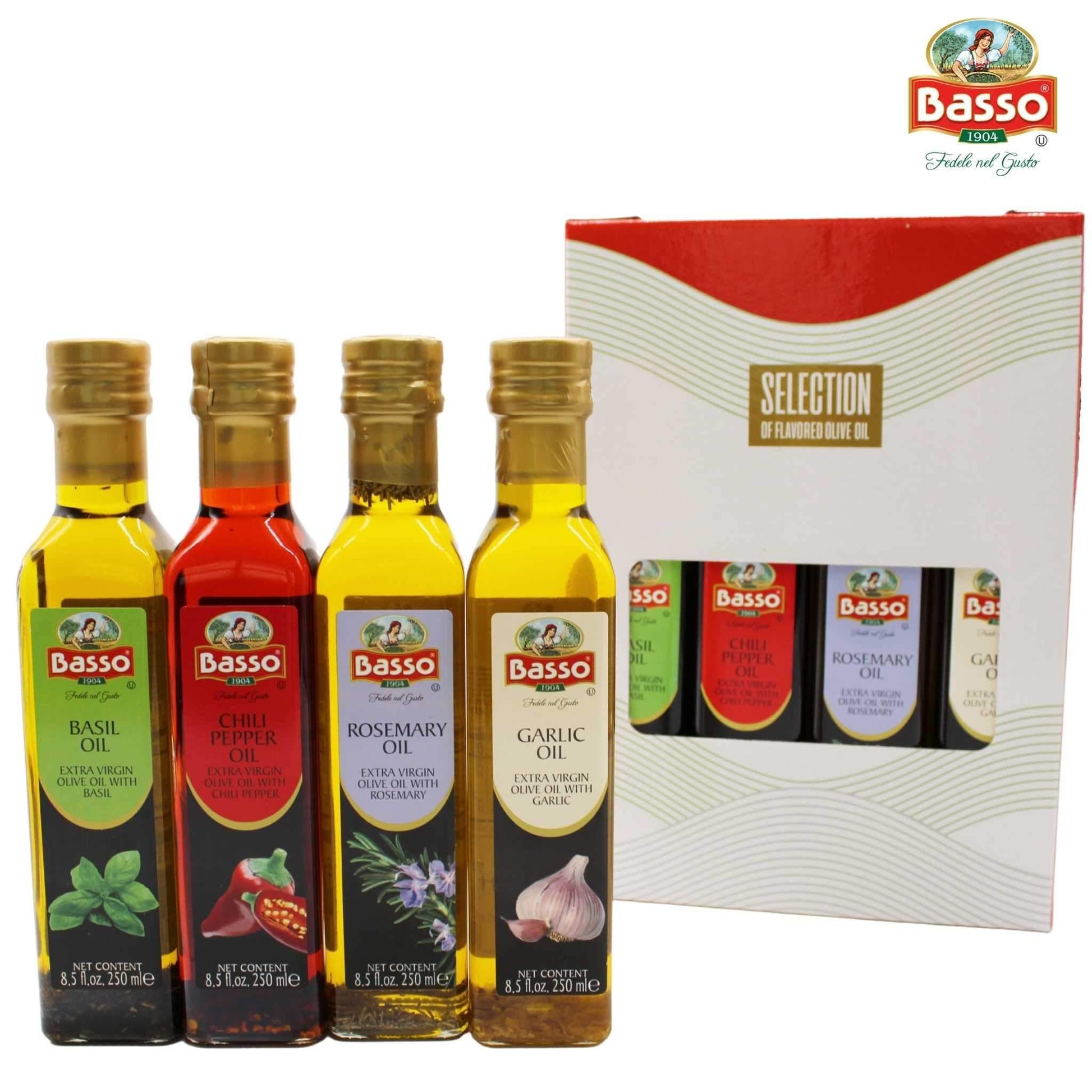 Basso Selection of Flavored Extra Virgin Olive Oils – Basil, Chili Pepper, Rosemary, and Garlic, 250ml bottles, premium Italian gift set.