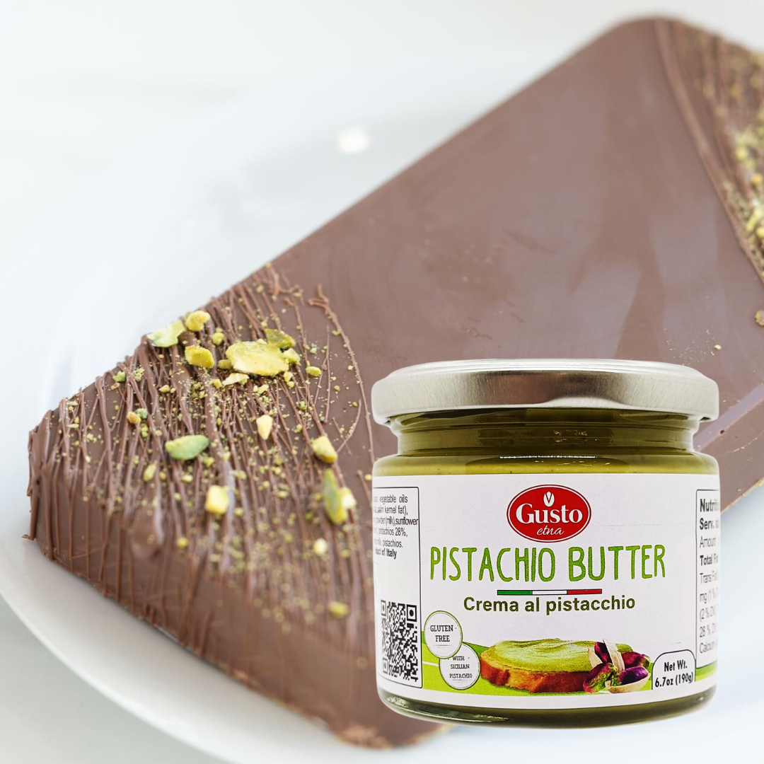 Recipes with pistachio butter: Dubai  Knafeh Chocolate Bar with Creamy Gusto Etna Pistachio Butter Cream