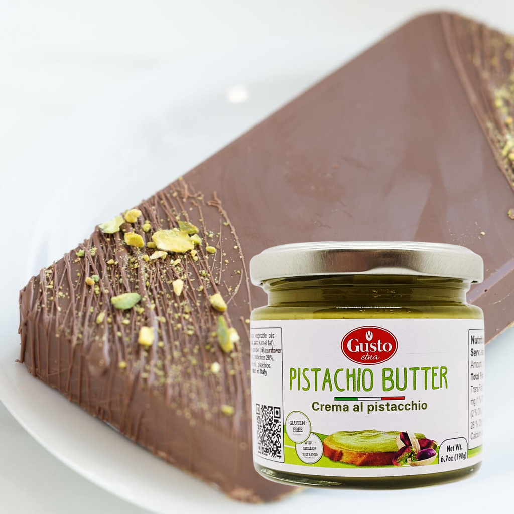 Recipes with pistachio butter: Dubai  Knafeh Chocolate Bar with Creamy Gusto Etna Pistachio Butter Cream