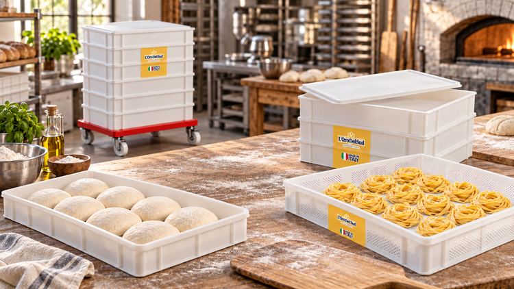 Commercial dough proofing boxes, pasta drying trays and a rolling bakery cart.