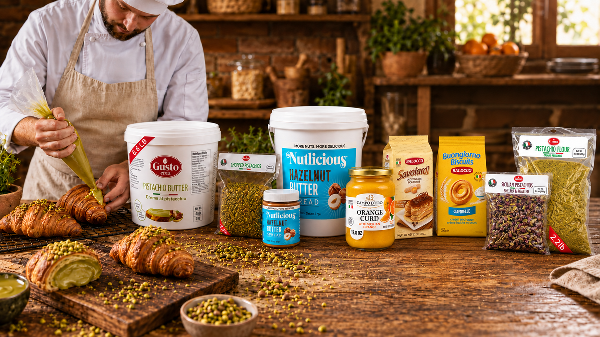 Italian bakery ingredients with pistachio cream, hazelnut spread, orange curd, biscuits and pastries