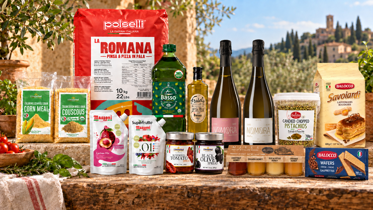 New Italian arrivals including flour, olive oil, fruit puree, NOMORA wine and specialty foods.