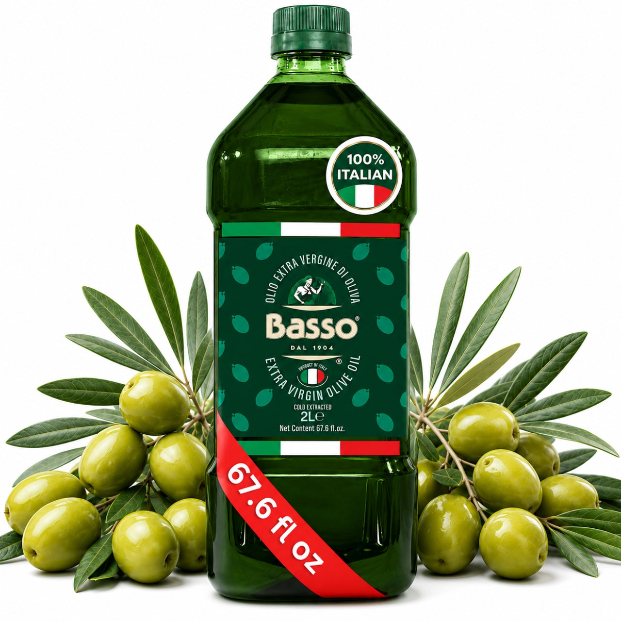 Basso Italian Extra Virgin Olive Oil 2L bottle with fresh green olives on a white background.