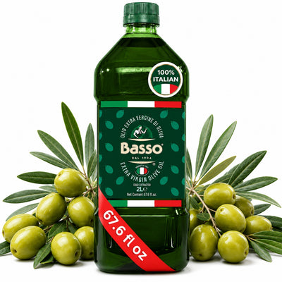 Basso Italian Extra Virgin Olive Oil 2L bottle with fresh green olives on a white background.