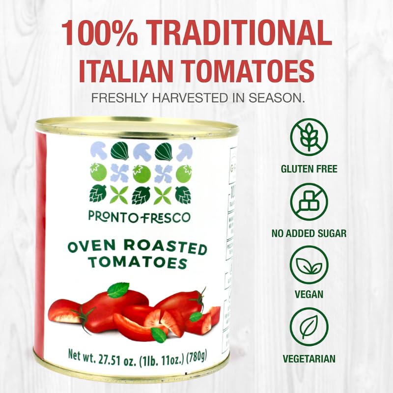 Product graphic highlighting 100% traditional Italian tomatoes with quality and origin icons.