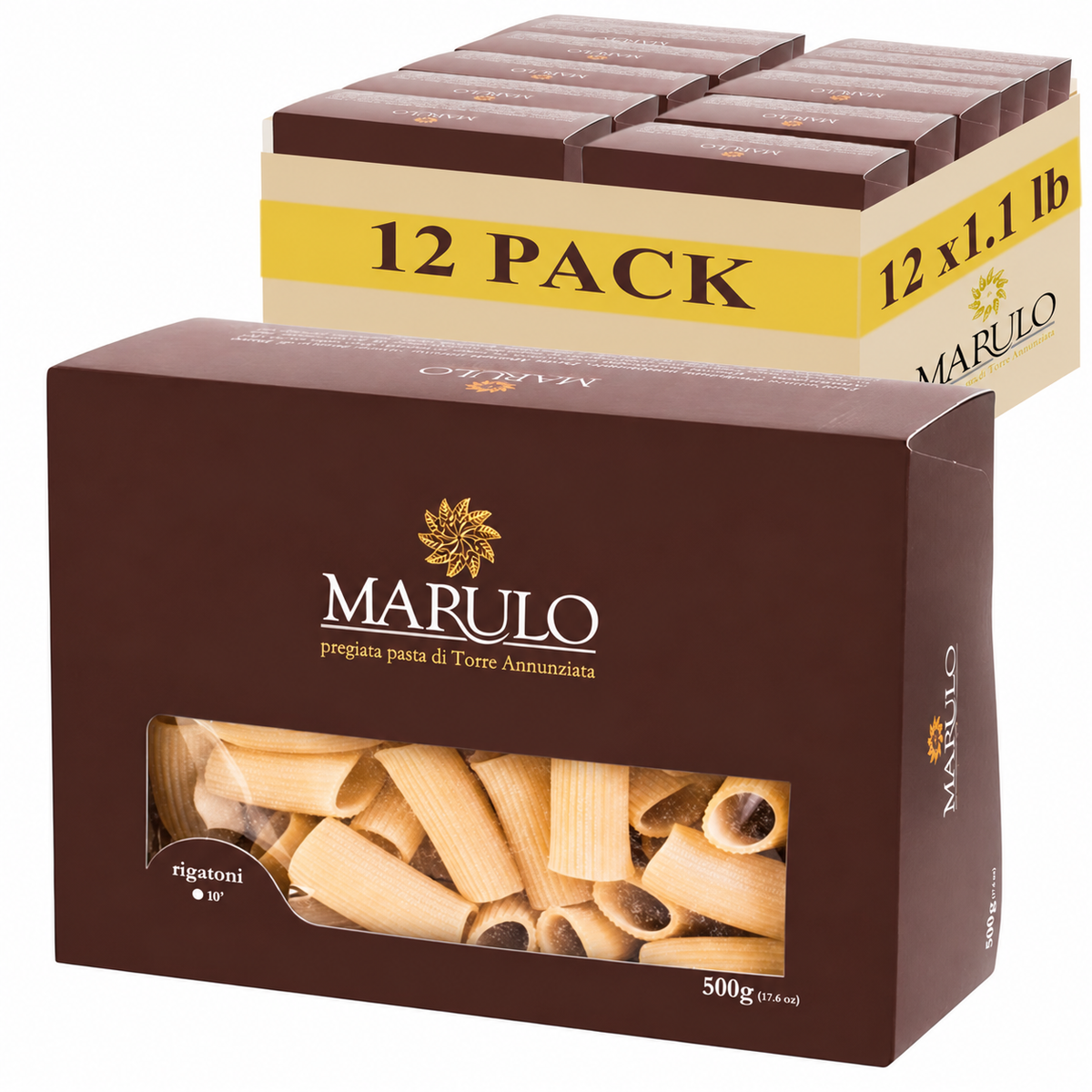 Marulo Rigatoni Pasta, Artisan Bronze Die-Cut Pasta, 12 Pack x 1.1 lb