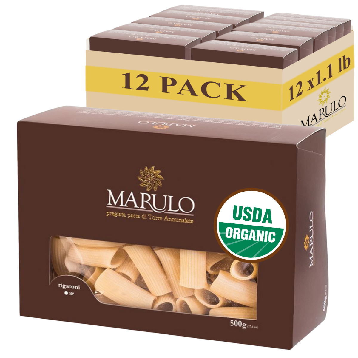 Marulo, Organic Rigatoni Pasta Bronze Die Cut Artisan, Italian Pasta,100% Durum Semolina