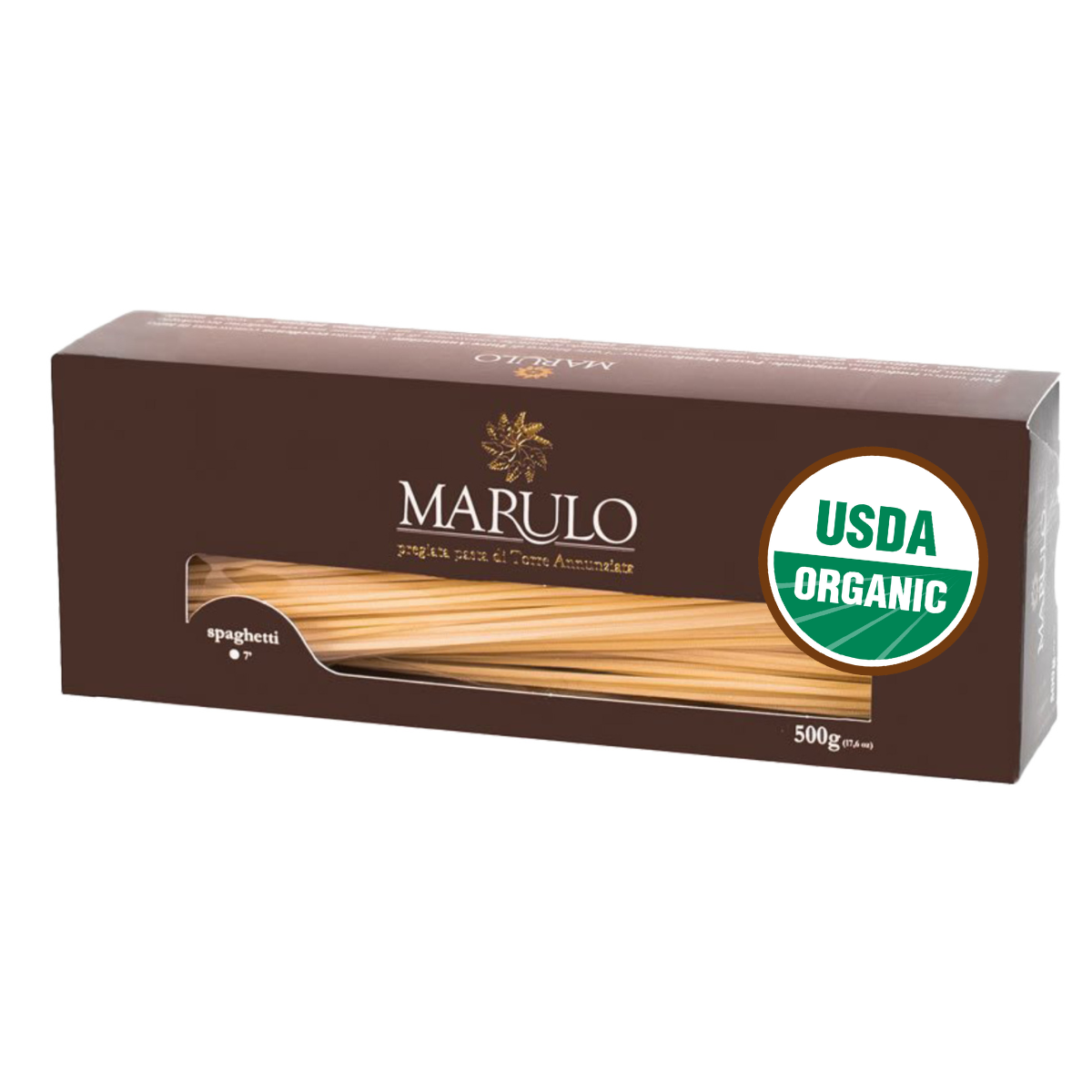 Marulo spaghetti packaging with USDA Organic label on a white background