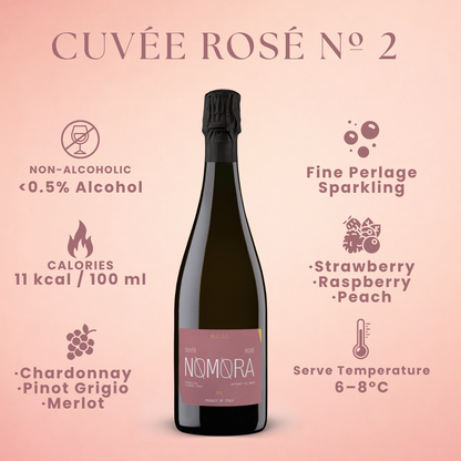 A bottle of NOMORA Cuvée Rosé N° 2 sparkling wine centered on a soft pink background with informational text around it. The bottle is dark glass with a black capsule and a muted mauve label.