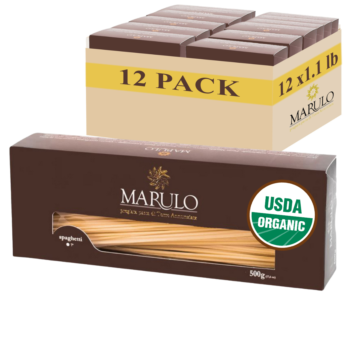 Marulo spaghetti packaging with USDA Organic label on a white background