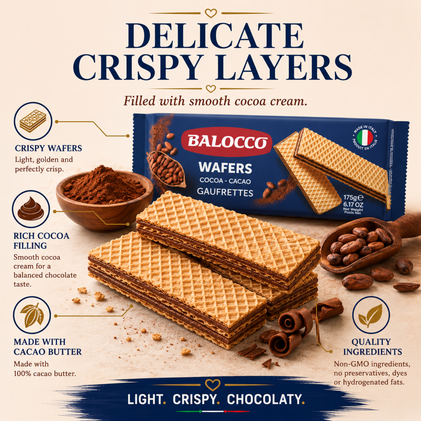Balocco Cocoa Wafer Cookies 6.1 oz (175g)