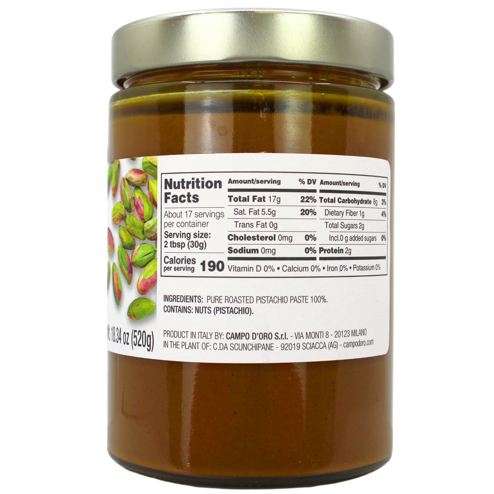 Campo D'Oro, Pure Pistachio Paste, 100% Pistachio, 18.34 oz (520gr)