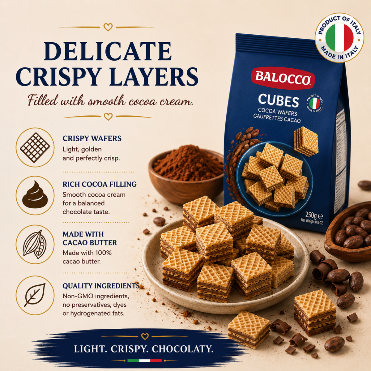 Balocco Cocoa Wafer Cubes 8.8 oz (250g) – Case of 12