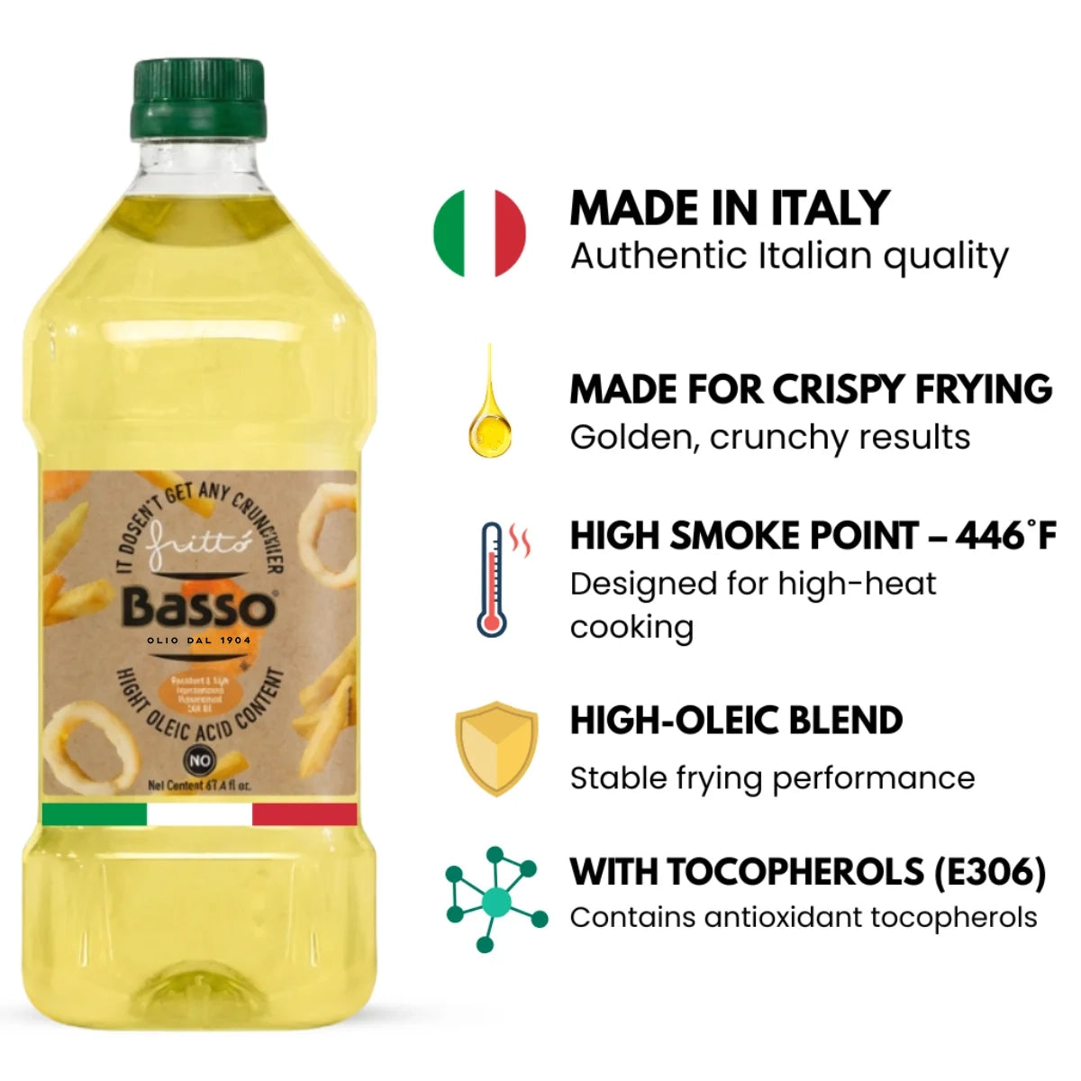 Basso 1904 Italian FRITTÒ Frying Oil – High Oleic Sunflower & Grapeseed Blend – 67.6 fl oz (2 L)
