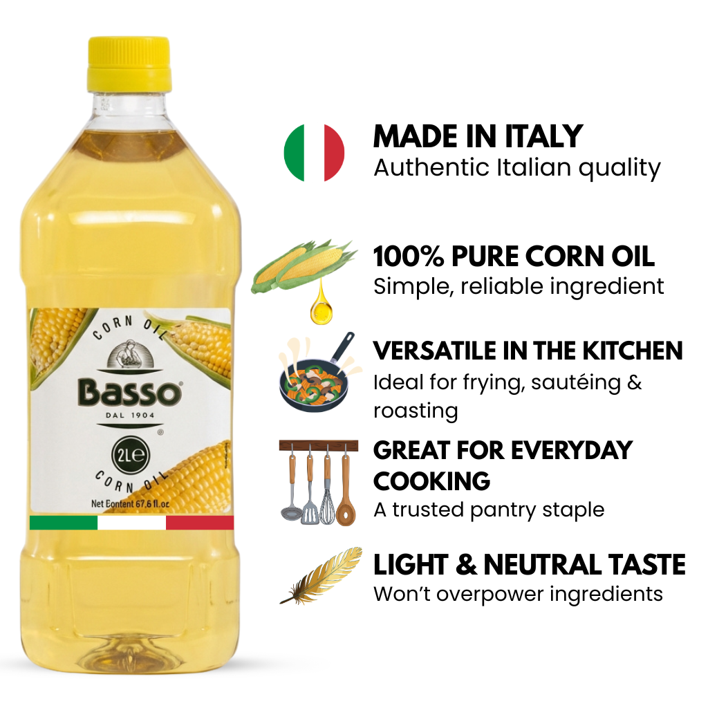 Basso 1904 Italian Pure Corn Oil – High Smoke Point Cooking Oil – 67.6 fl oz (2 L)