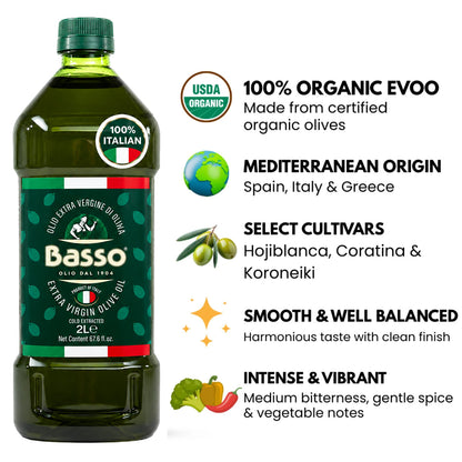 Basso 1904 Organic BIO Extra Virgin Olive Oil – Cold Extracted – 67.6 fl oz (2 L)
