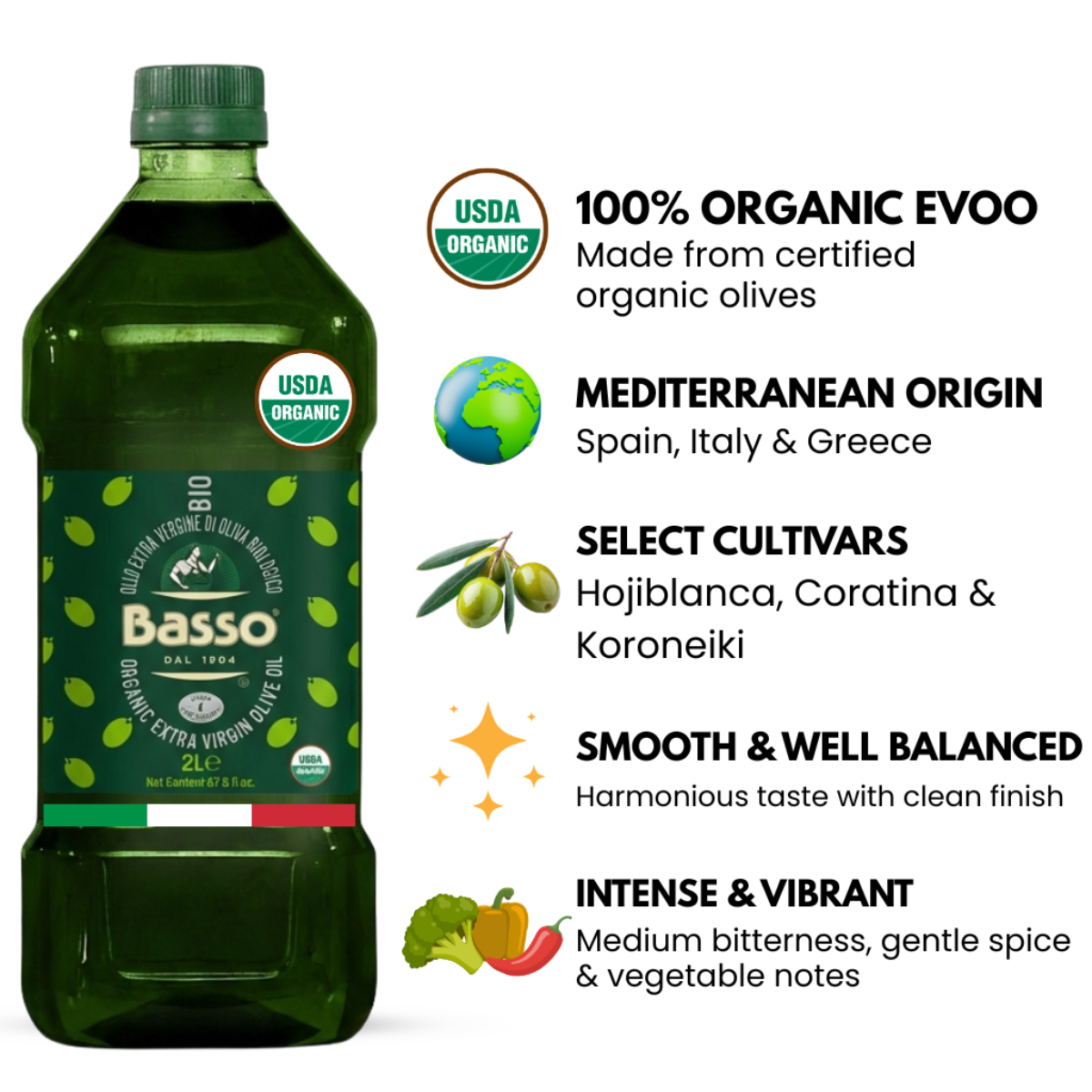 Basso organic olive oil bottle with product details on a white background