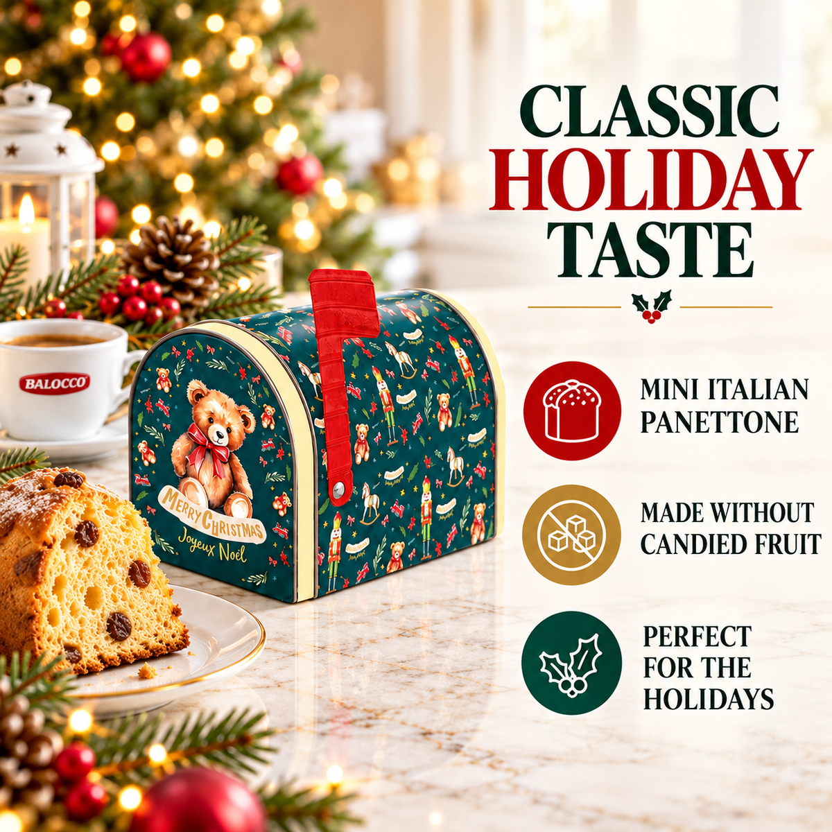 Balocco Mini Panettone Classic (No Candied Fruit) in Christmas Mailbox Tin 80g / 2.8 oz