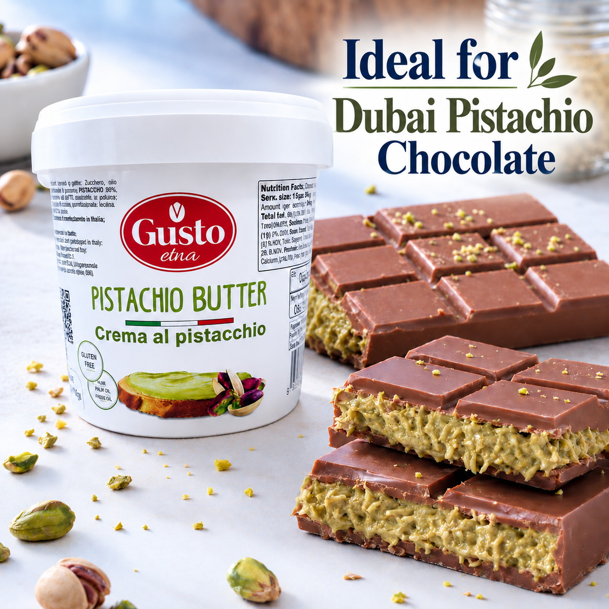 A tub of Gusto elia Pistachio Butter (Crema al pistachio) shown next to chocolate bars filled with pistachio and topped with crushed pistachio, on a white marble surface with scattered pistachios.