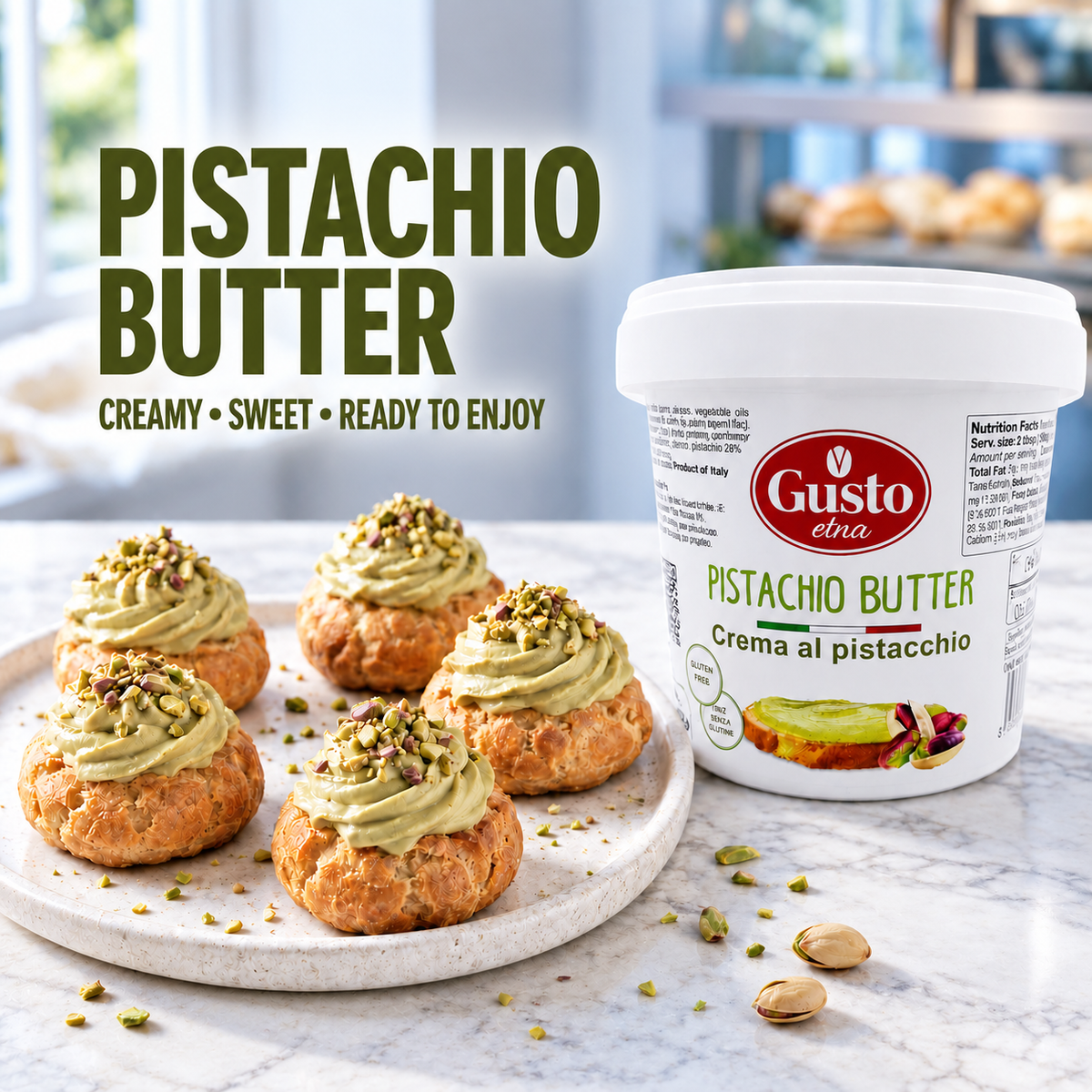 A tub of Gusto dna Pistachio Butter is shown next to several pistachio-topped choux pastries on a marble surface, with large text reading 'Pistachio Butter' and smaller text 'Creamy • Sweet • Ready to Enjoy'.
