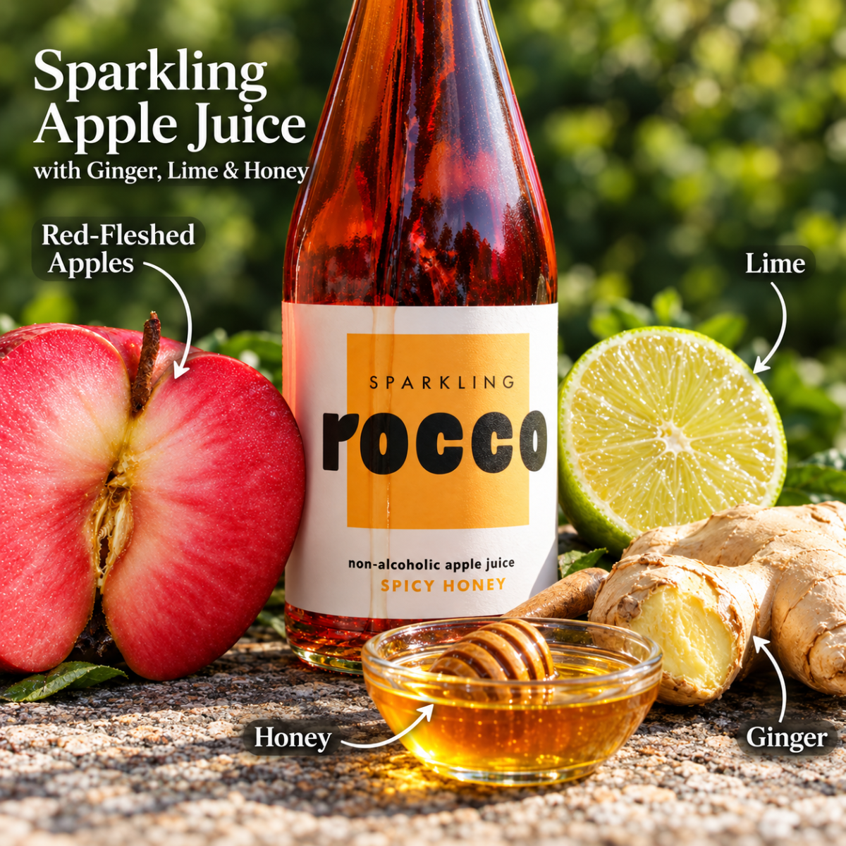 A bottle of Rocco Sparkling Apple Juice with ginger, lime, and honey, styled with a red apple, lime half, ginger root, and a small bowl of honey on a stone surface with a blurred green garden background.