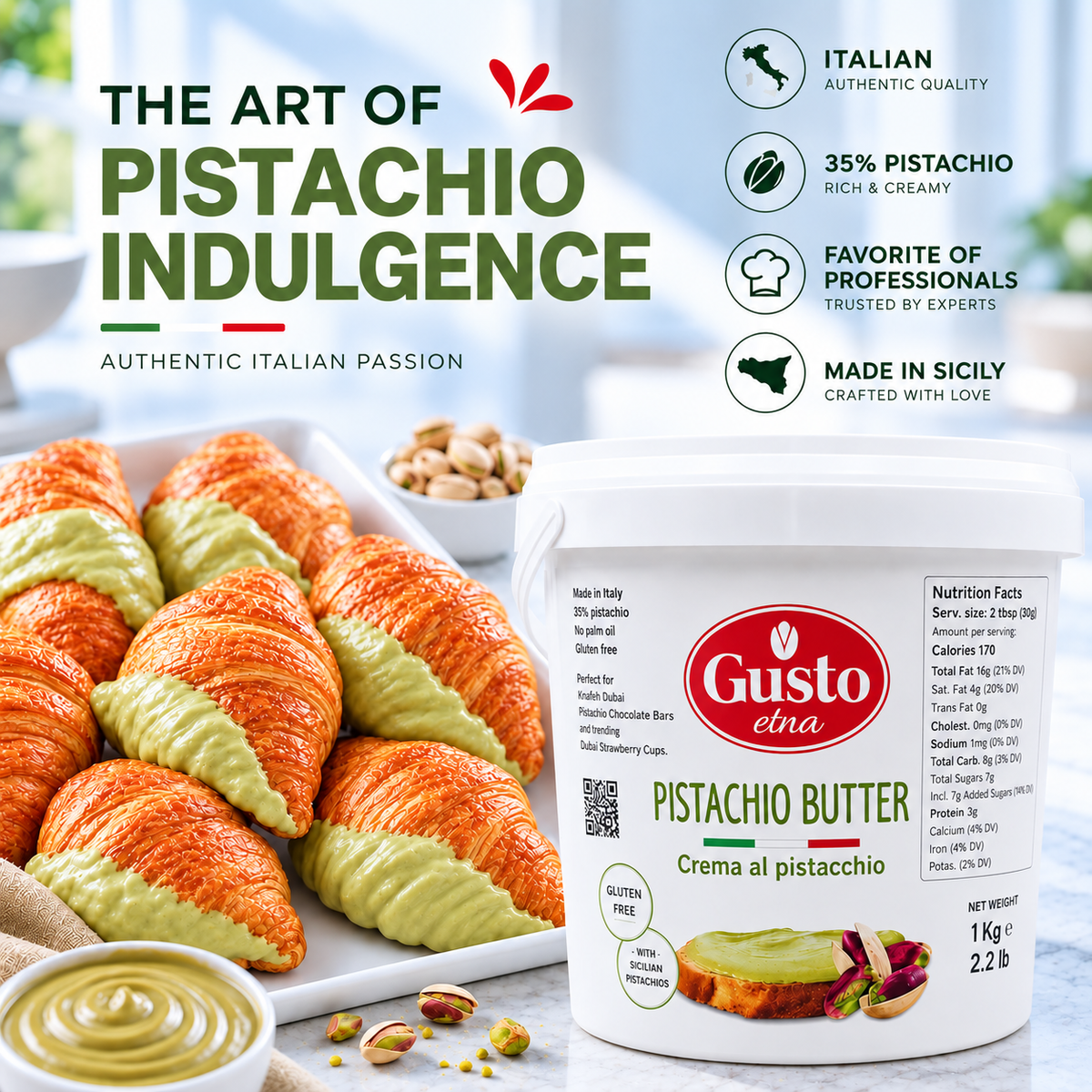 Gusto Etna Sicilian Pistachio Cream Butter – 35% Pistachios – 1kg (2.2 lb)