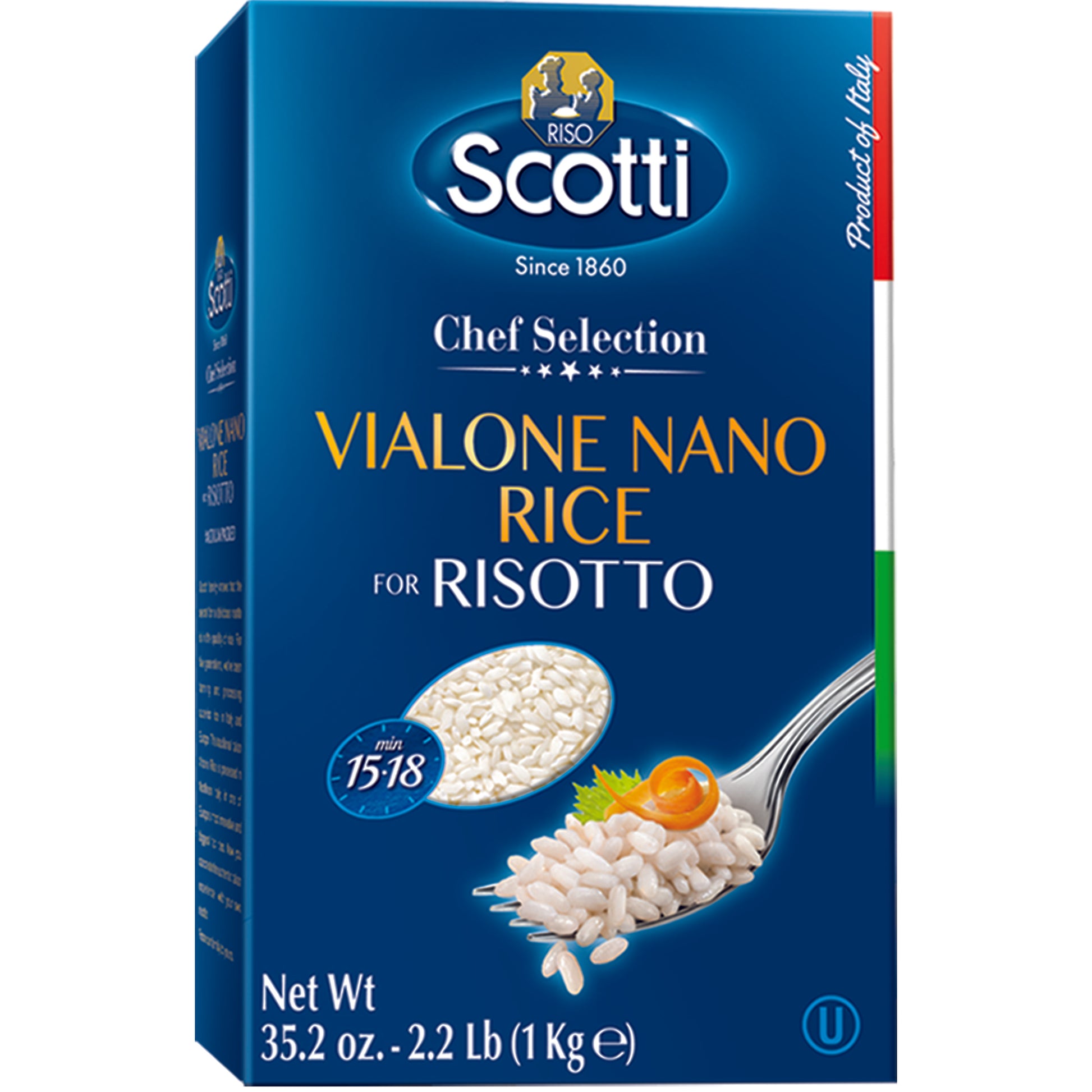 Packaging of Riso Scotti Vialone Nano Rice with product details and the Scotti family crest.