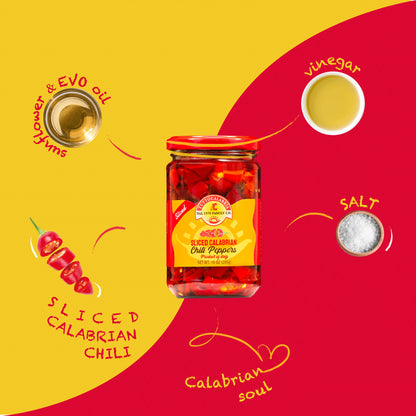 Jar of sliced Calabrian chili peppers with ingredients on a yellow and red background