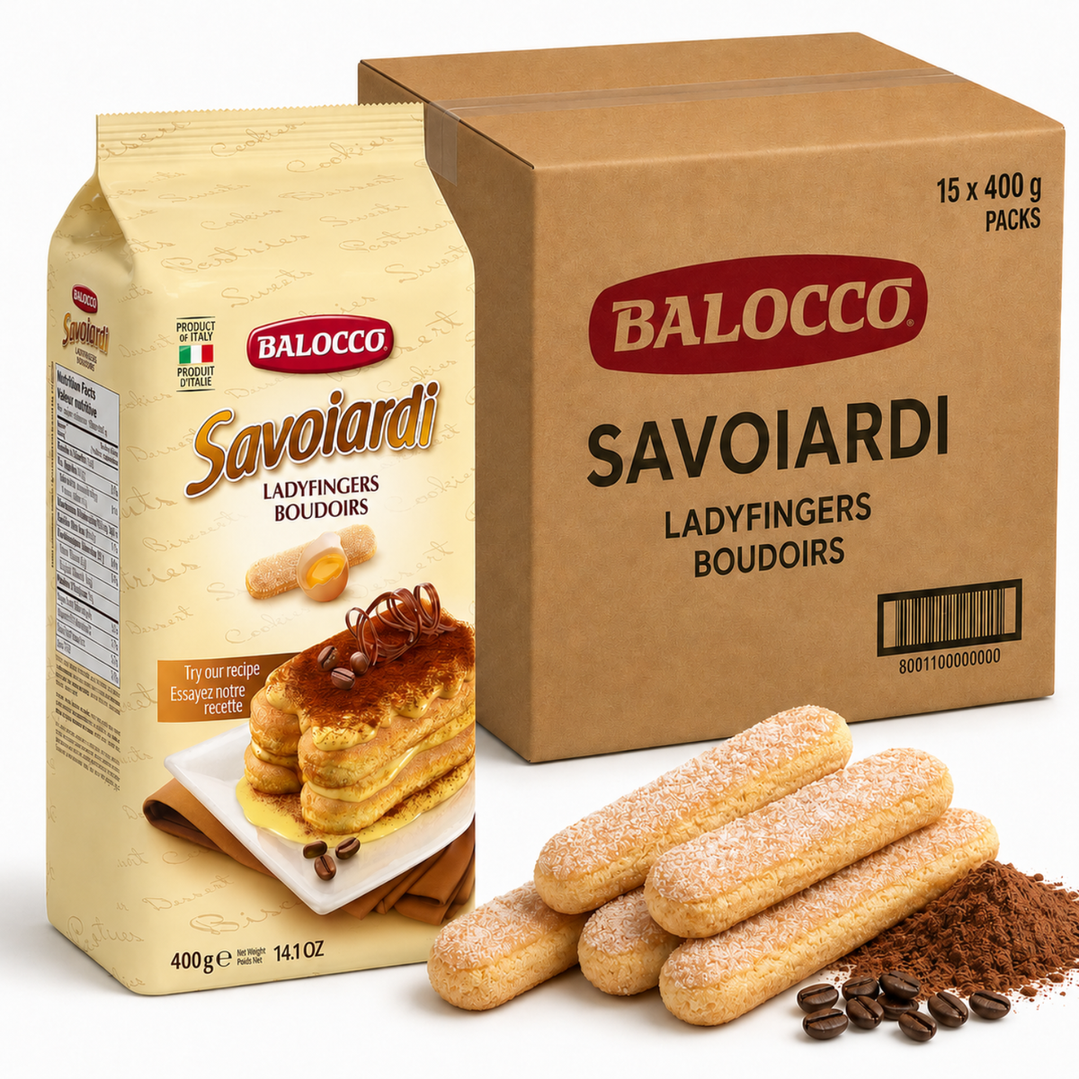 Balocco Savoiardi ladyfingers packaging with a box and ladyfingers on a white background