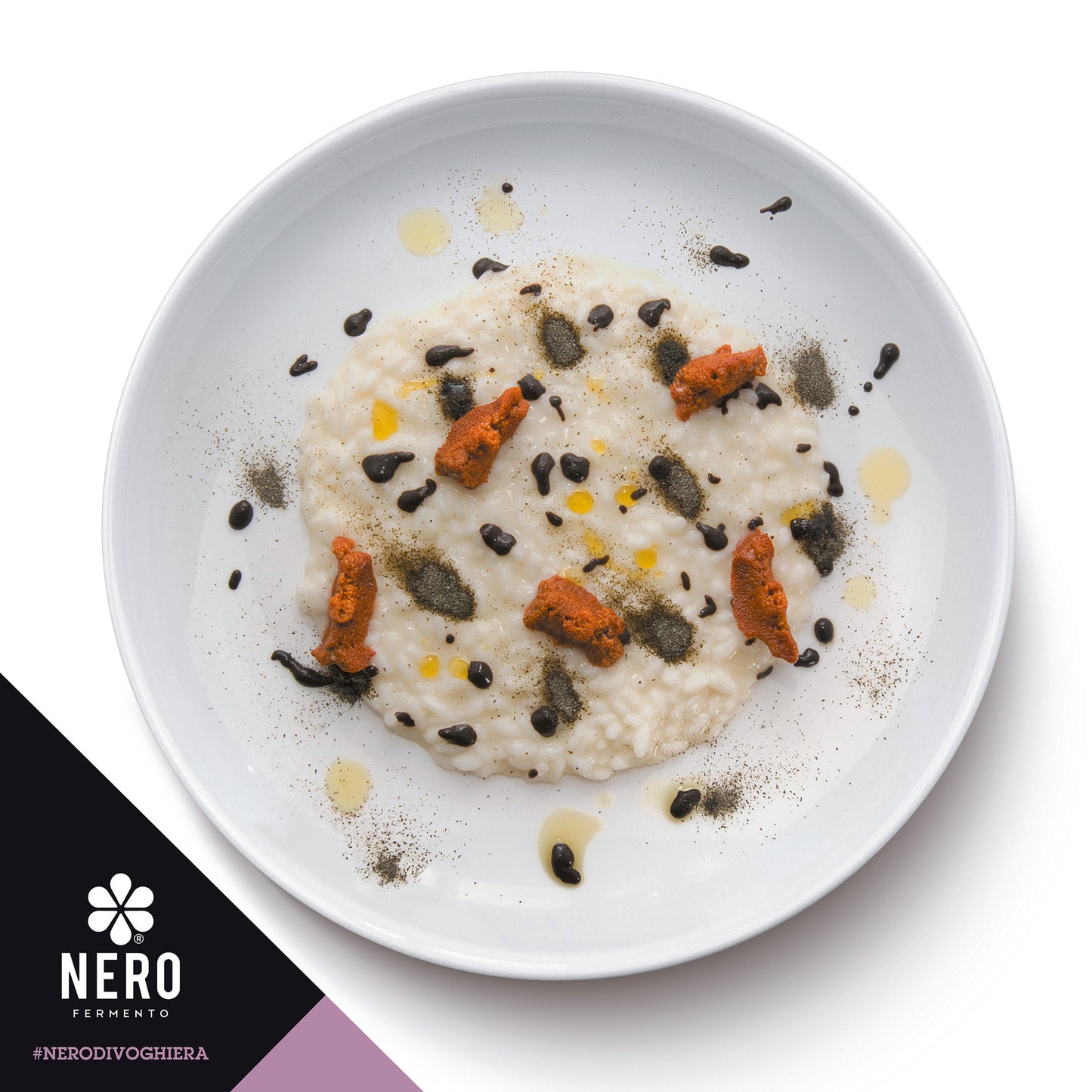 Risotto dish with toppings on a white plate, featuring the Nero brand logo.