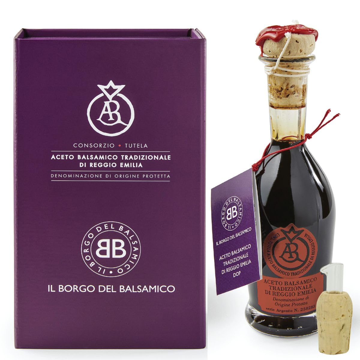Balsamic vinegar bottle with cork and packaging on a white background
