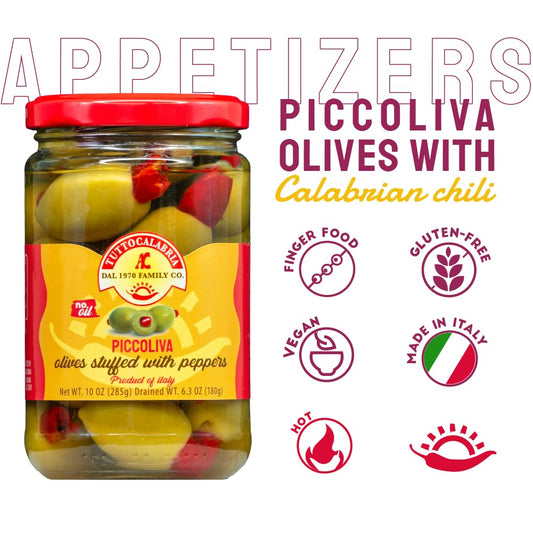 TuttoCalabria PiccOliva Green Olives Stuffed with Whole Calabrian Chili Pepper